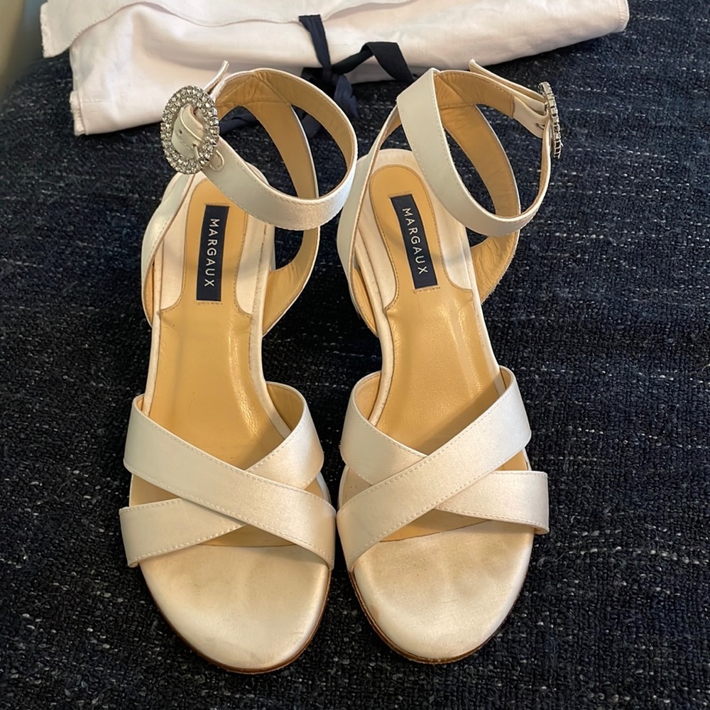 Margaux the city sandal in ivory satin, size 37 / 6.5